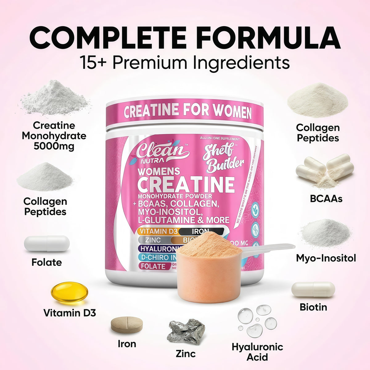 Creatine for Women, Creatine Monohydrate Powder, Collagen, Biotin, BCAA